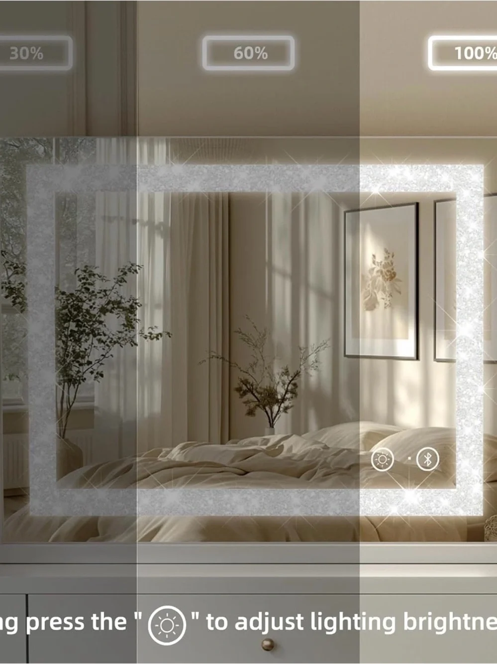 LED Crystal Bluetooth Lighted Vanity Mirror Touch Controls, Bluetooth, USB